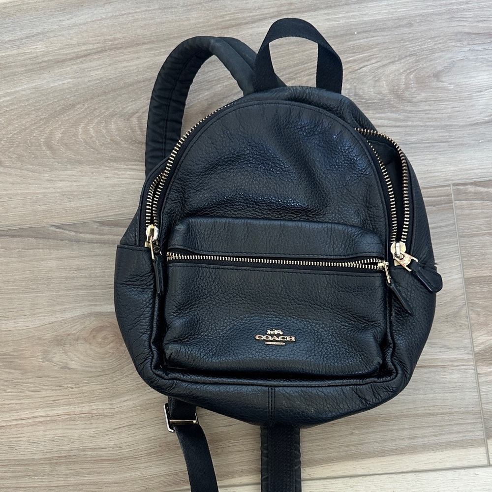Coach Black Leather Backpack with Gold Zippers